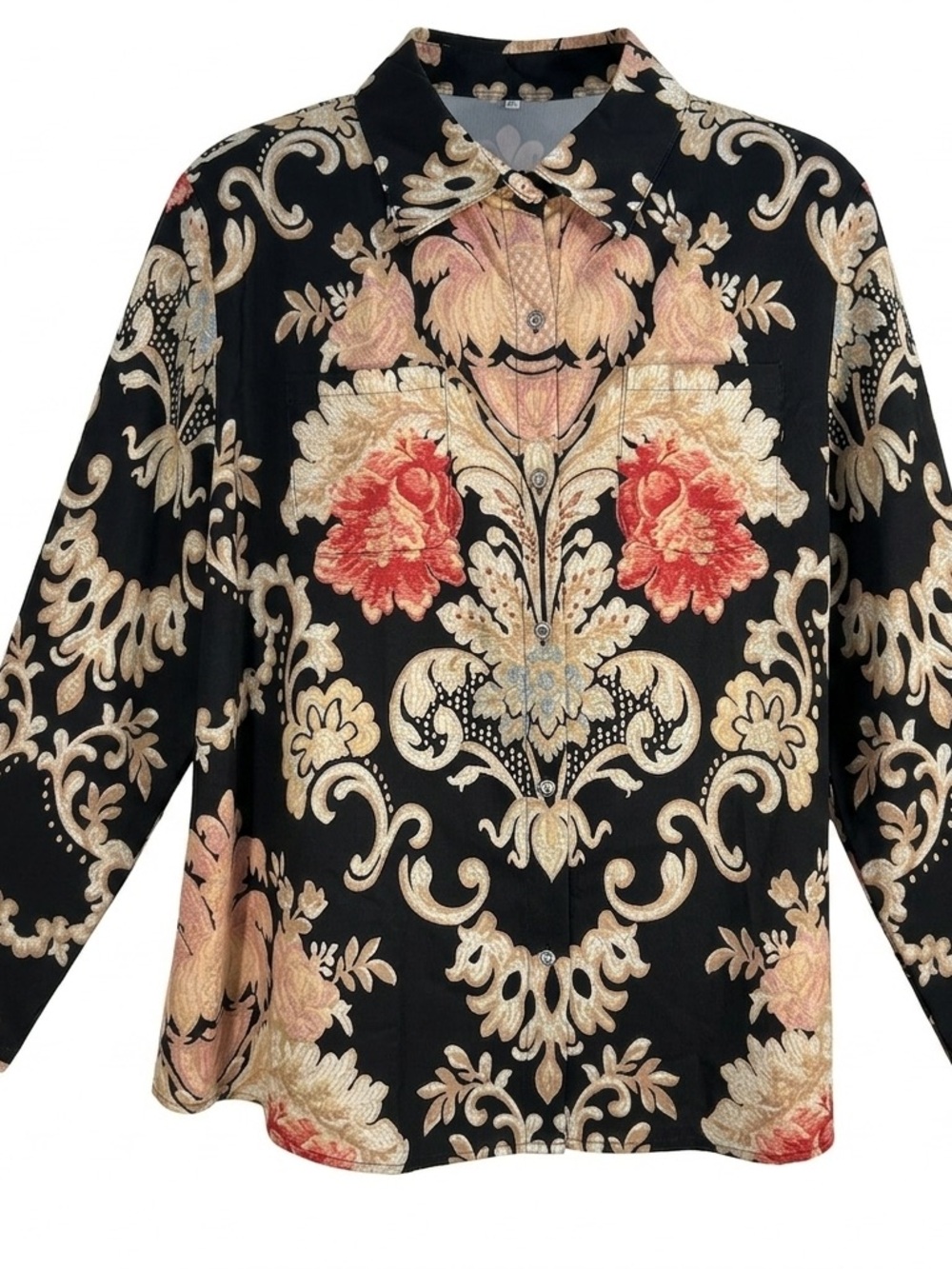 Women's Black Floral Baroque Button-Up Blouse